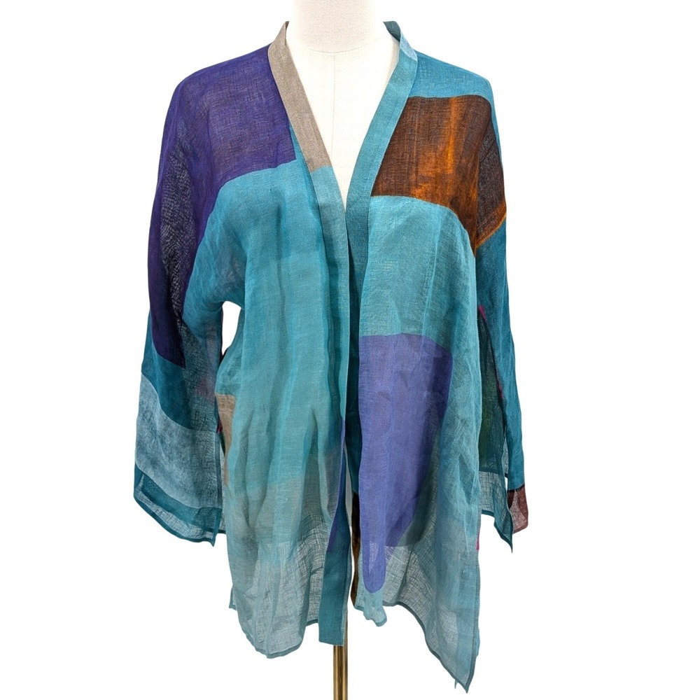 Zonda Nellis 100% Linen Kimono Jacket Colorblock Art to Wear Lagenlook OS Canada